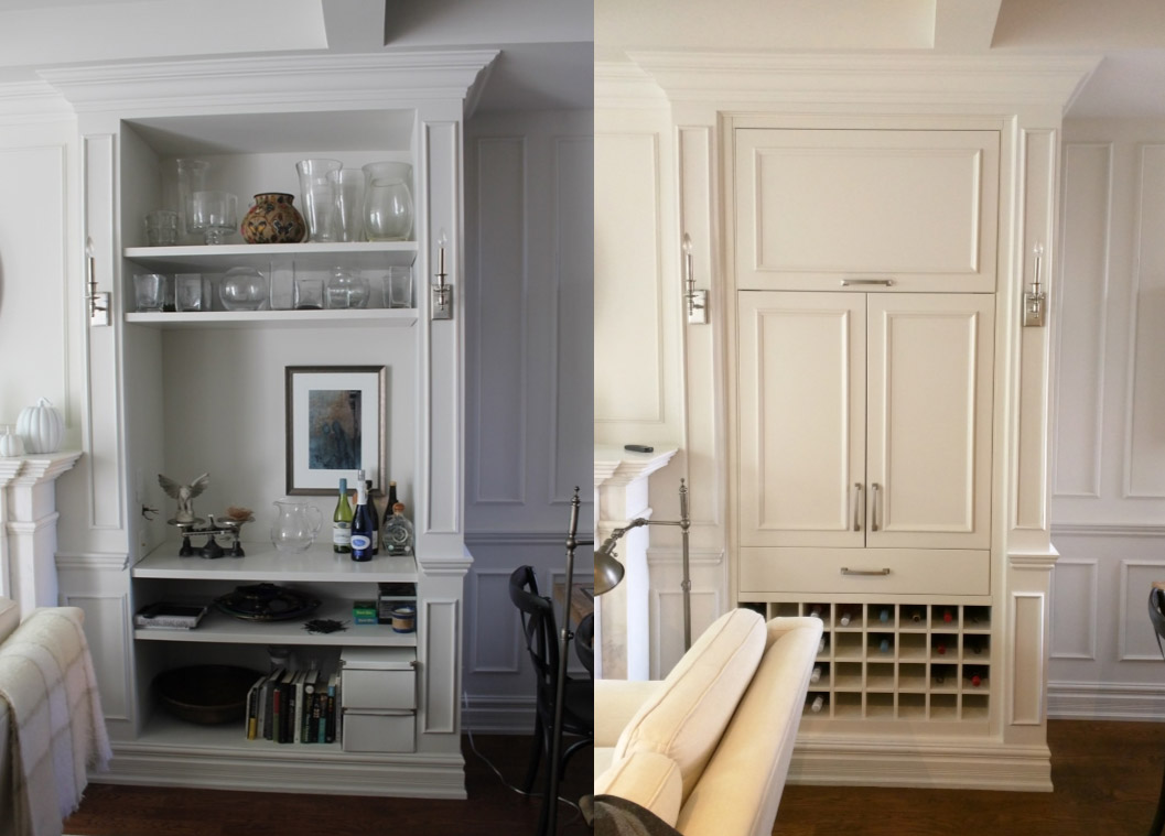 Design for Conscious Living - Rosedale Client is Thrilled with New Custom Built In Cabinets and Concealed Bar - Custom Built In Cabinets and Concealed Bar – Before and After