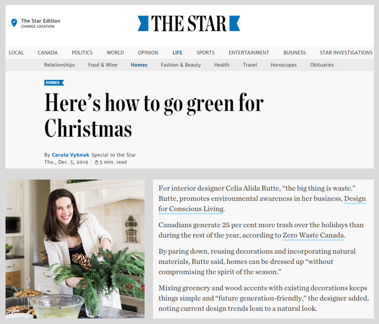 Design for Conscious Living - Go Green for the Holidays - TO Star Article - Here’s how to go green for Christmas - December 5 2019