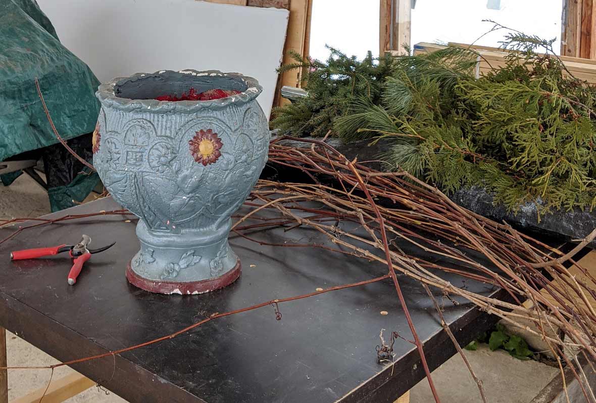 Design for Conscious Living - Handmade Seasonal Décor - Celia Resurfaces a Planter with Grapevines - PLANTERS, PRUNERS, GRAPEVINES, AND GREENERY