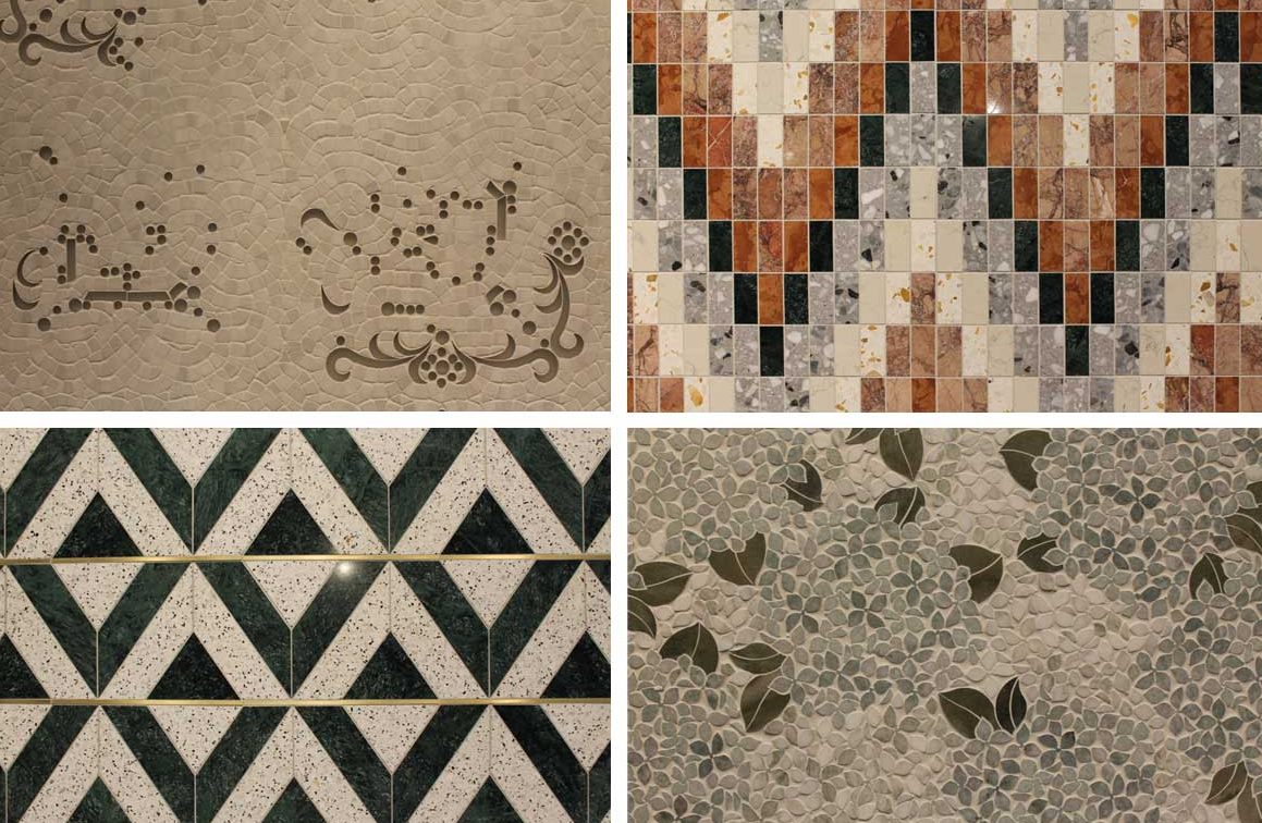 Four examples of the unique luxury tile selection at the Surfaces Co. booth at IDS 2020