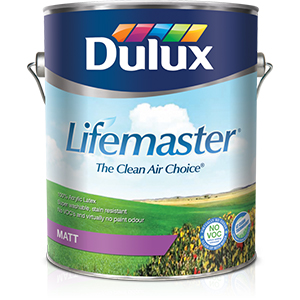 A one gallon container of Dulux Lifemaster matte paint.