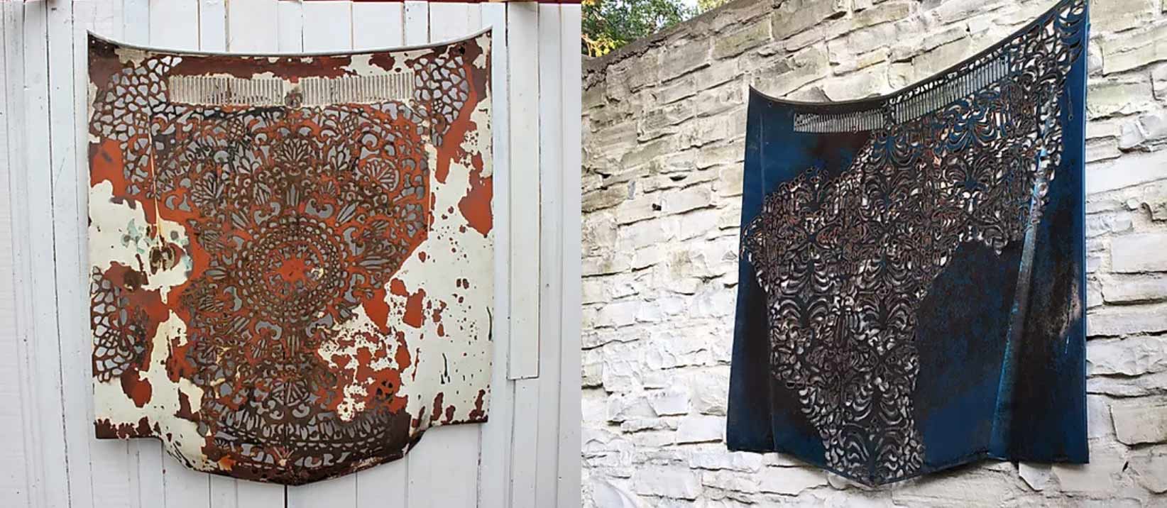 Pieces of metal taken from old cars, like a hood or a door, with intricate patterns carved out of them, and a mix of paint and rust for the finish.