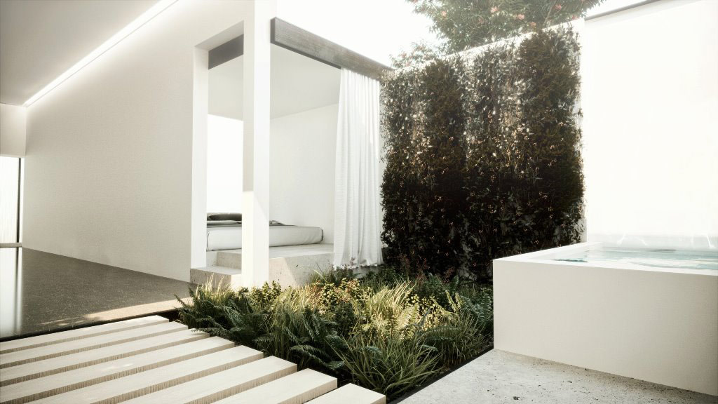 A clean calm interior space, softly illuminated with living greenery, white walls, a sleeping platform and soaking tub.