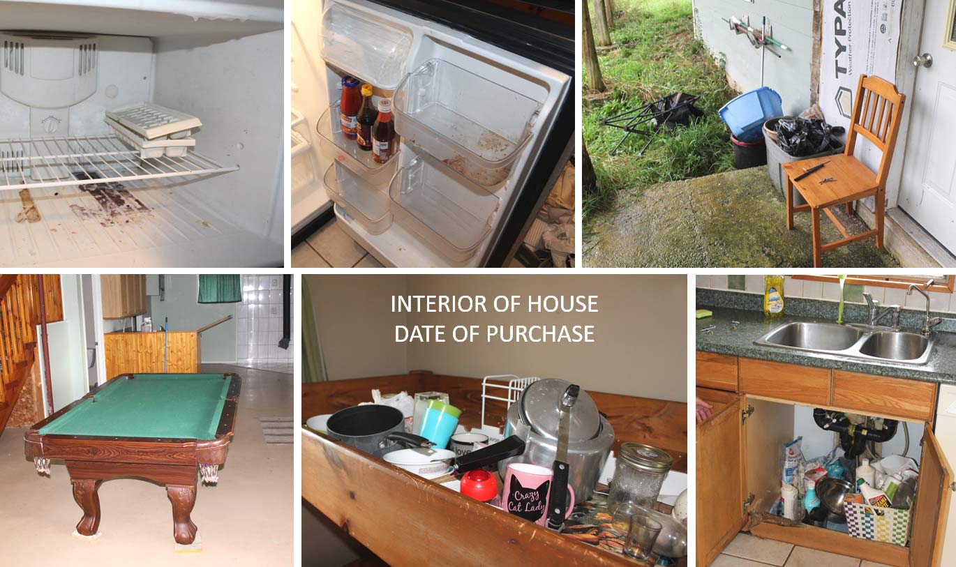 Images from the house before cleanup showing piles of garbage, old furniture, dirty appliances and a pool table that was left behind by the previous owner.