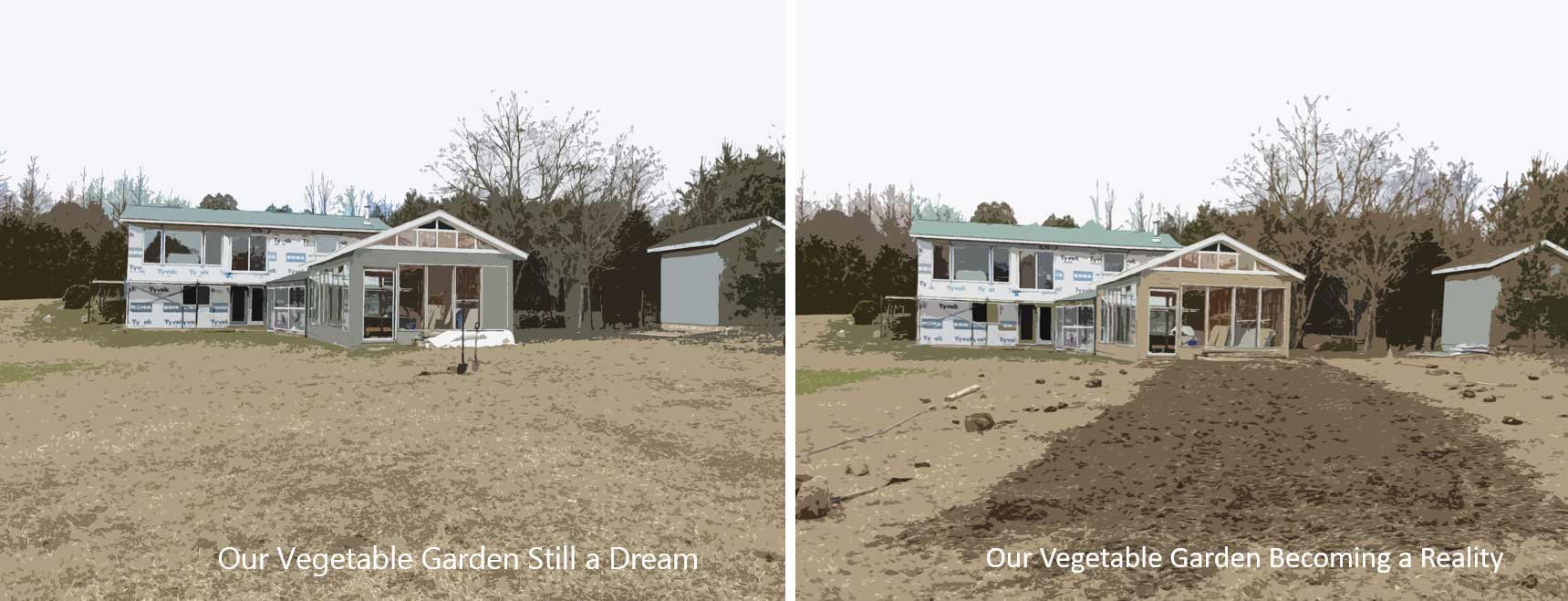 A before and after comparison of the plot of land in front of the greenhouse.