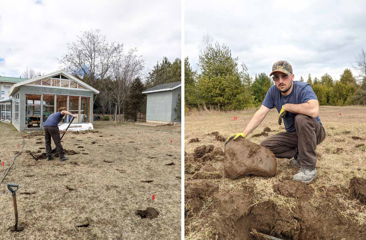 Before and after photos of Justin digging up rocks and kneeling beside his prize rock.