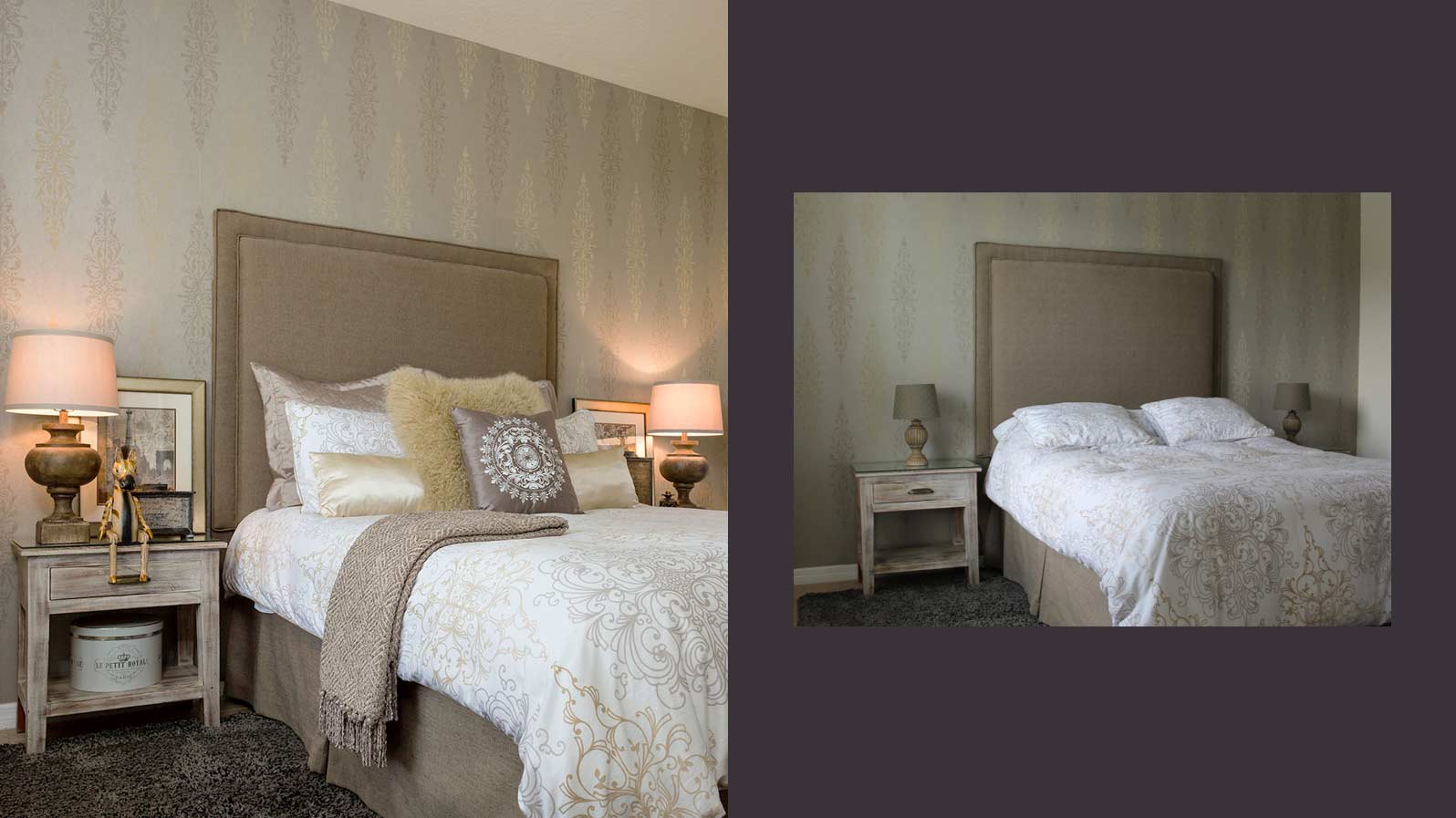 A before and after image of a bedroom, with and without accessories.