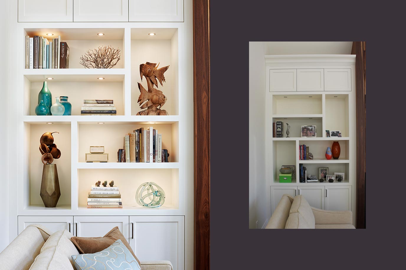 A before and after image of a bookcase, with and without accessories.