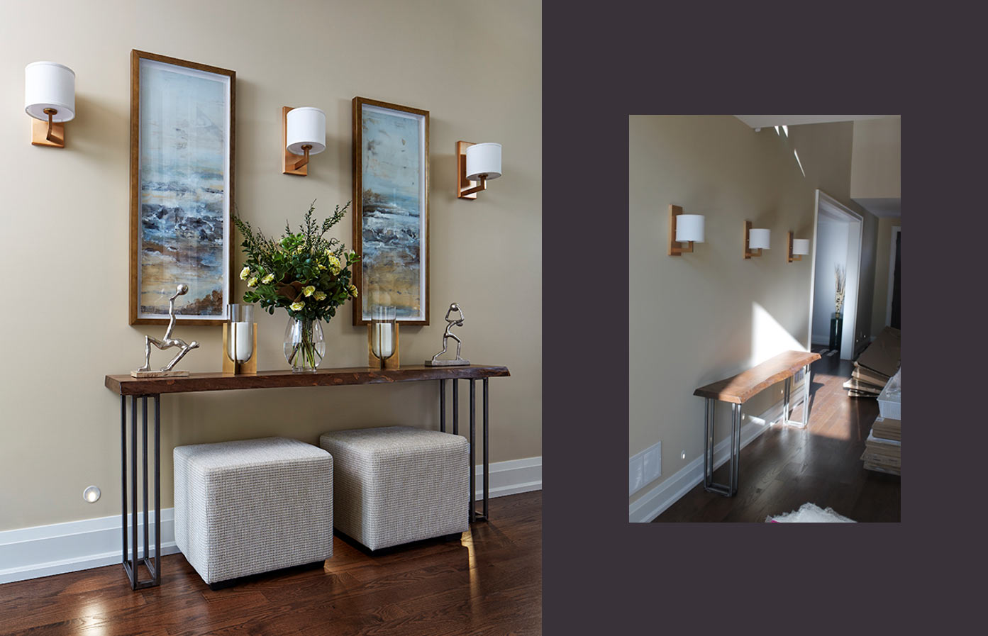 A before and after image of a hallway, with and without accessories.