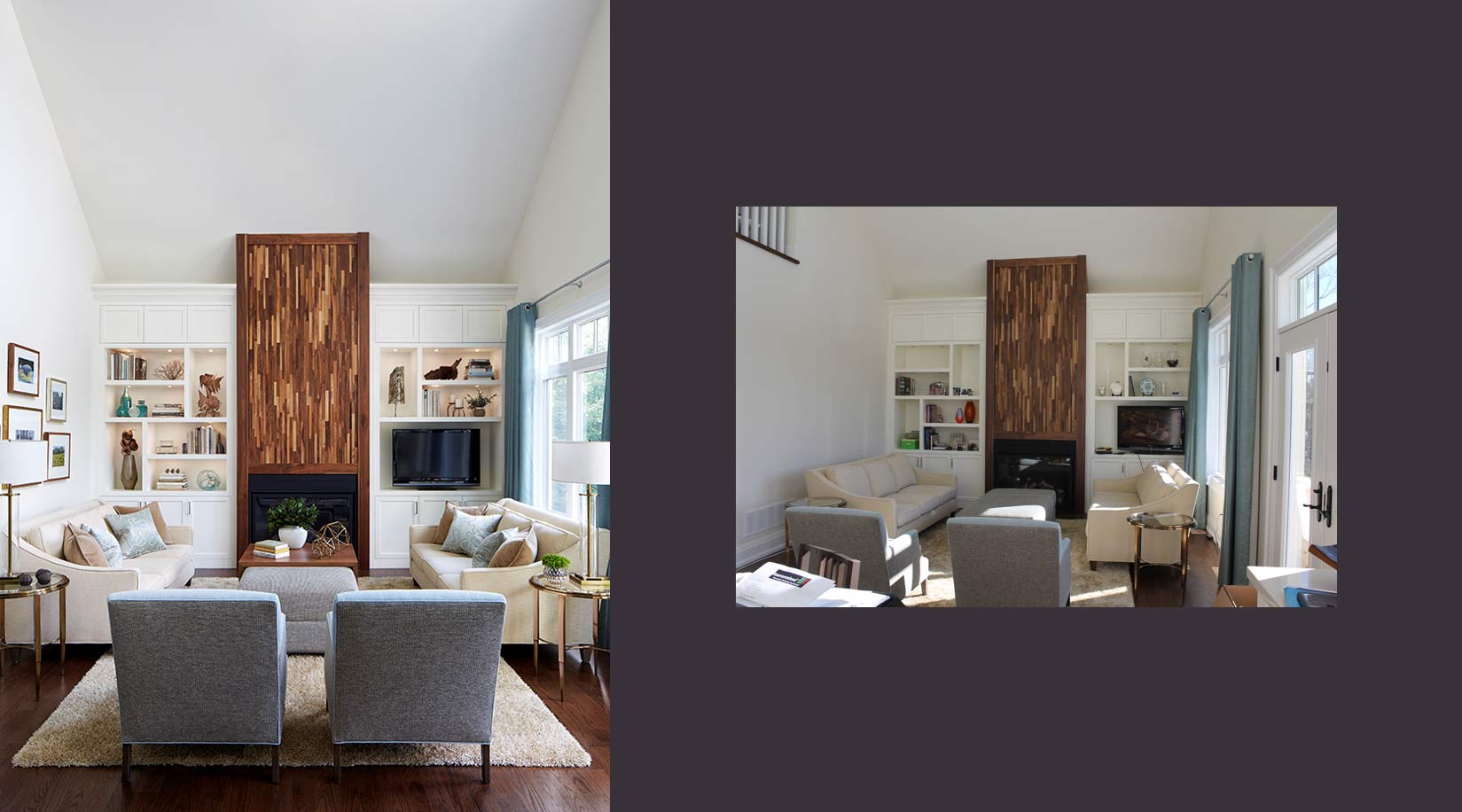 A before and after image of a living room, with and without accessories.