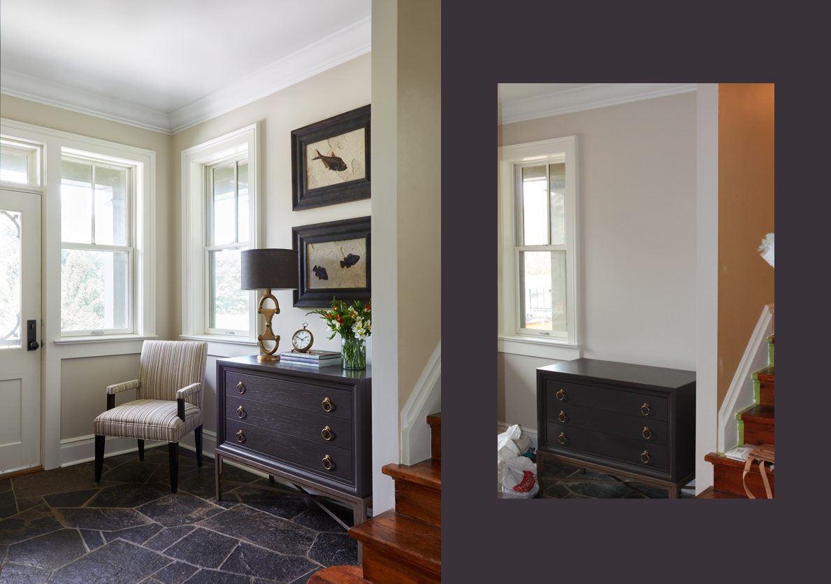 A before and after image of a foyer, with and without accessories.