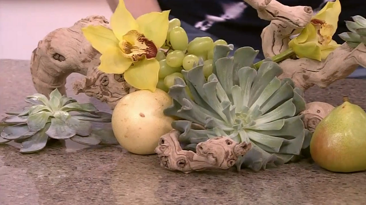 A final shot of the sculpted branch with a beautiful arrangement of succulents, fruit and symbidium orchids.