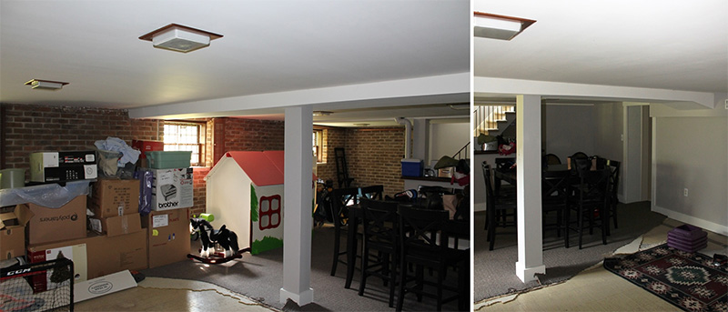 Pictures taken before the basement renovation with old brick walls, old tile and carpet flooring and a pillar in the middle of the room.
